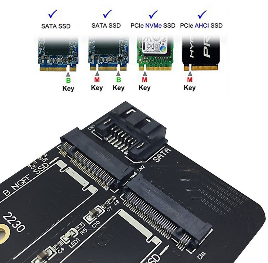 قطعة تحويل PCIe إلى M.2 NVMe مزدوج و SSD ساتا-1608